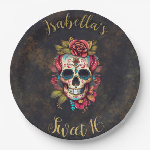 Floral Sugar Skull Sweet 16 Birthday Paper Plate