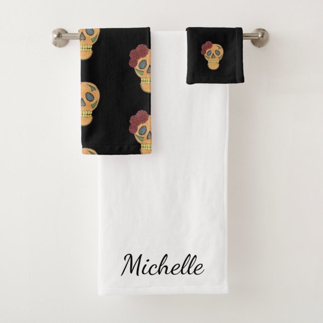 Floral Sugar Skulls Day of the Dead Bath Towel Set (Insitu)