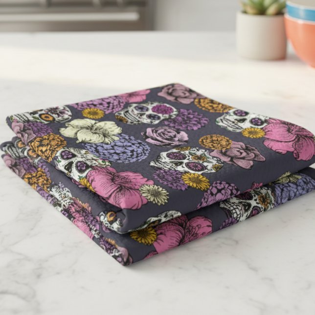 Floral Sugar Skulls Dia de los Muertos Tea Towel (Gray Floral Sugar Skulls Dia de los Muertos Kitchen Towels. Mexican Skull & Flower Halloween Pattern)