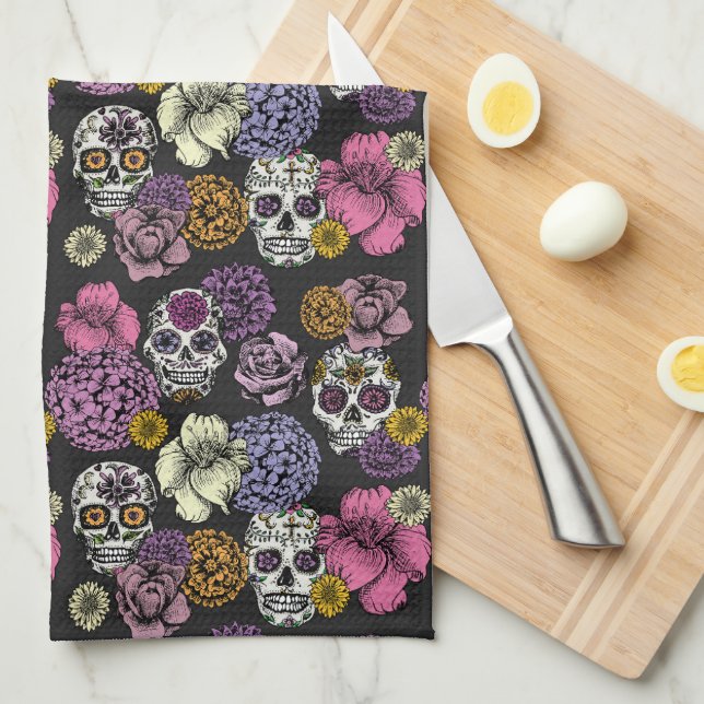 Floral Sugar Skulls Dia de los Muertos Tea Towel (Quarter Fold)
