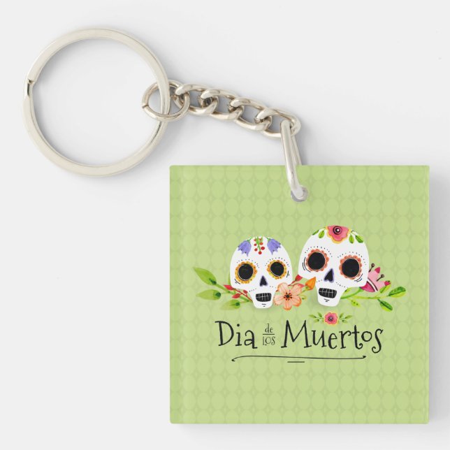 Floral Sugar Skulls Dia de Muertos | Keychain (Front)