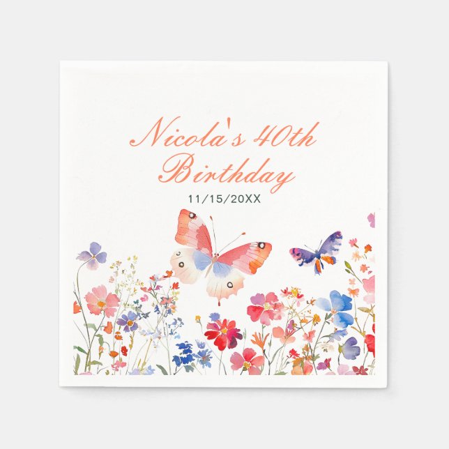 Floral Summer Butterfly Birthday Napkin (Front)