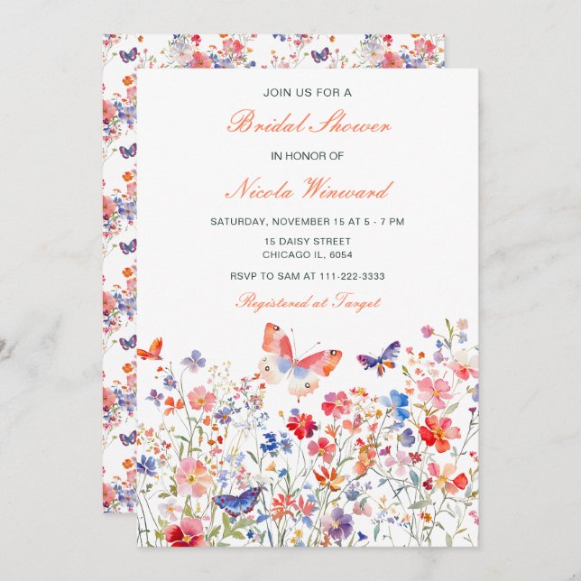 Floral Summer Butterfly Bridal Shower Invitation (Front/Back)