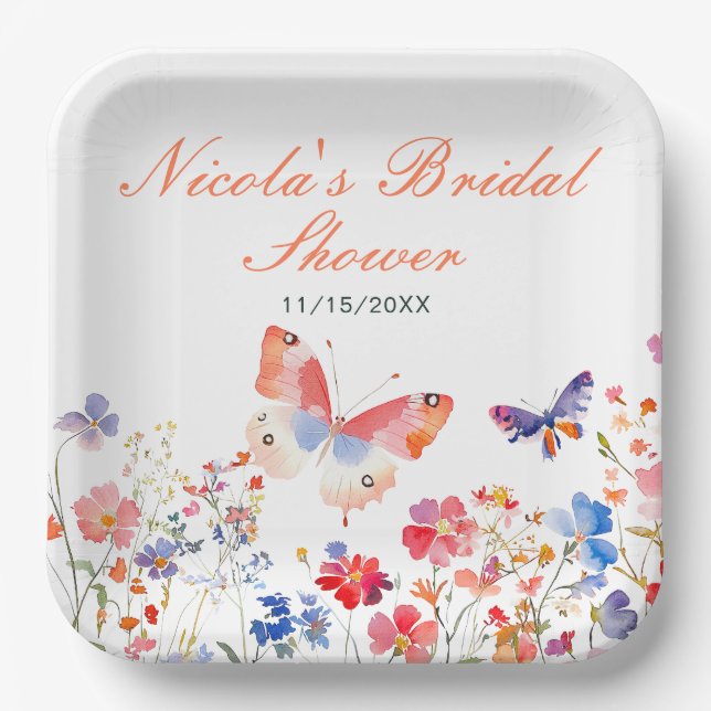 Floral Summer Butterfly Bridal Shower Paper Plate (Front)
