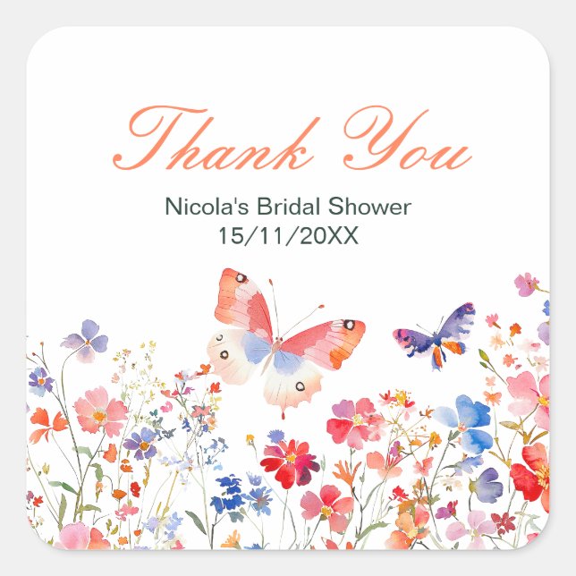 Floral Summer Butterfly Bridal Shower Square Sticker (Front)