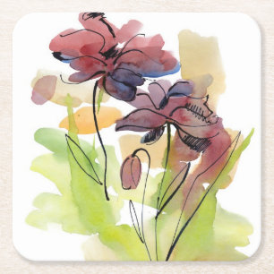 Floral summer design with hand-painted abstract 2 square paper coaster