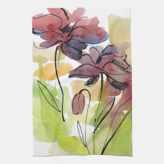 Floral summer design with hand-painted abstract 2 tea towel (Vertical)