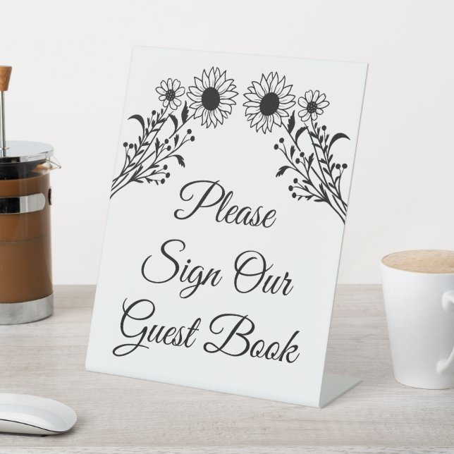 Floral Sunflower Black White Wedding Guest Book Pedestal Sign (In SItu)