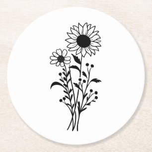 Floral Sunflower Black White Wedding Party Round Paper Coaster