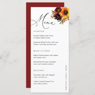 Floral Sunflower Burgundy Fall Wedding Reception Menu