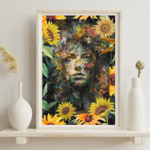 Floral  Sunflower Collage Yellow Woman Portrait