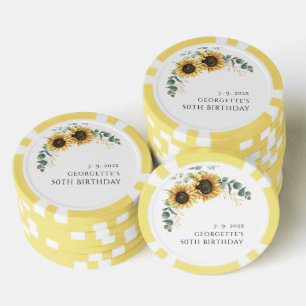 Floral Sunflower Eucalyptus 50th Birthday Poker Chips