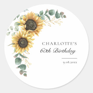 Floral Sunflower Eucalyptus 60th Birthday Party Classic Round Sticker
