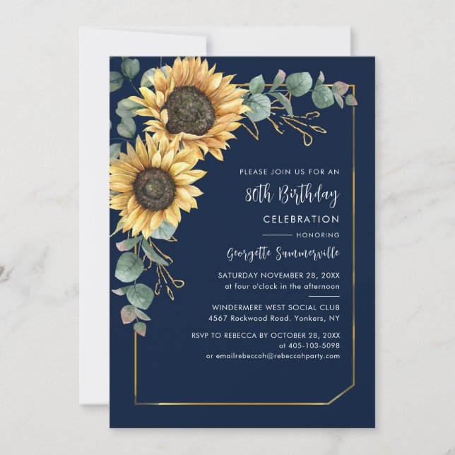 Floral Sunflower Eucalyptus 80th Birthday Party Invitation (Front)