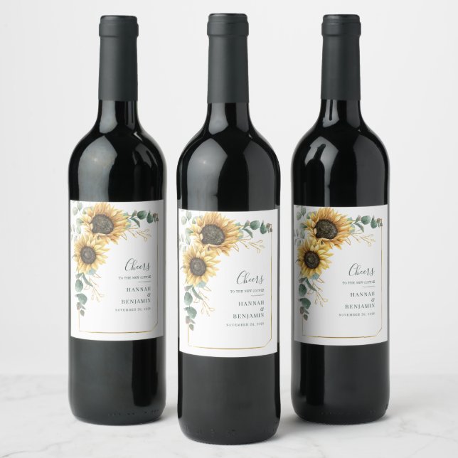 Floral Sunflower Eucalyptus Botanical Wedding Wine Label (Bottles)