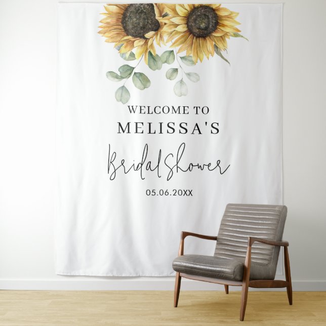 Floral Sunflower Eucalyptus Bridal Shower Backdrop Tapestry (In Situ)