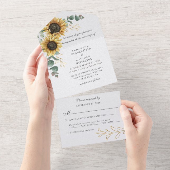 Floral Sunflower Eucalyptus Foliage Wedding All In One Invitation (Tearaway)
