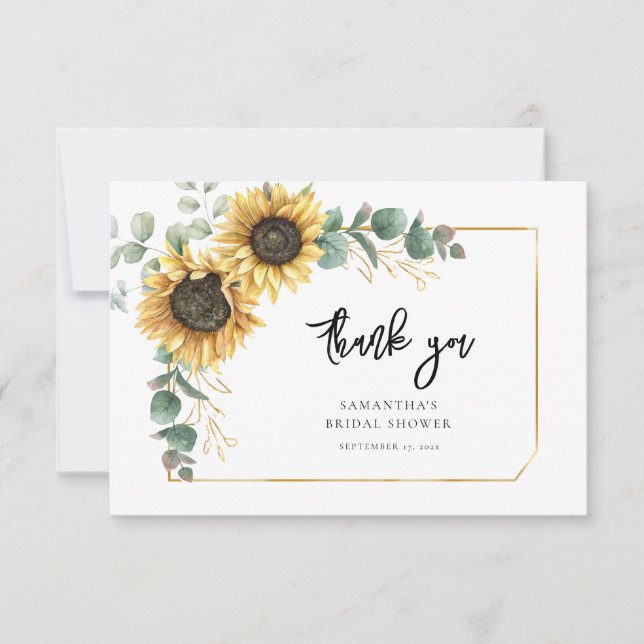 Floral Sunflower Eucalyptus Greenery Bridal Shower Thank You Card (Front)