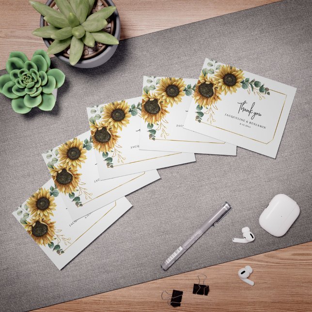 Floral Sunflower Eucalyptus Photo Wedding Thank You Card (Floral Greenery Photo Wedding  Script Thank You Photo Card)