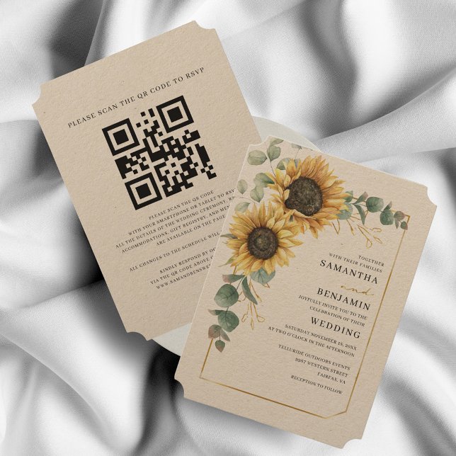 Floral Sunflower Eucalyptus QR Code Rustic Wedding Invitation (Sunflower Eucalyptus Kraft Wedding Invitation)