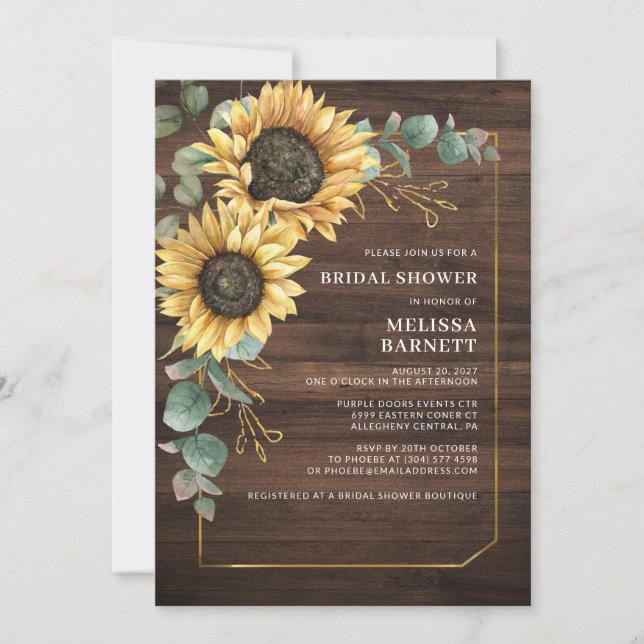 Floral Sunflower Eucalyptus Rustic Bridal Shower Invitation (Front)