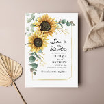 Floral Sunflower Eucalyptus Save The Date<br><div class="desc">Create a modern Sunflower Floral save the date budget card with this cute template featuring beautiful rustic floral bouquet, geometric gold effect frame, with modern simple typography. TIP: Matching wedding suite cards like RSVP, wedding programs, banners, tapestry, gift tags, signs, and other wedding keepsakes and goodies are available in the...</div>