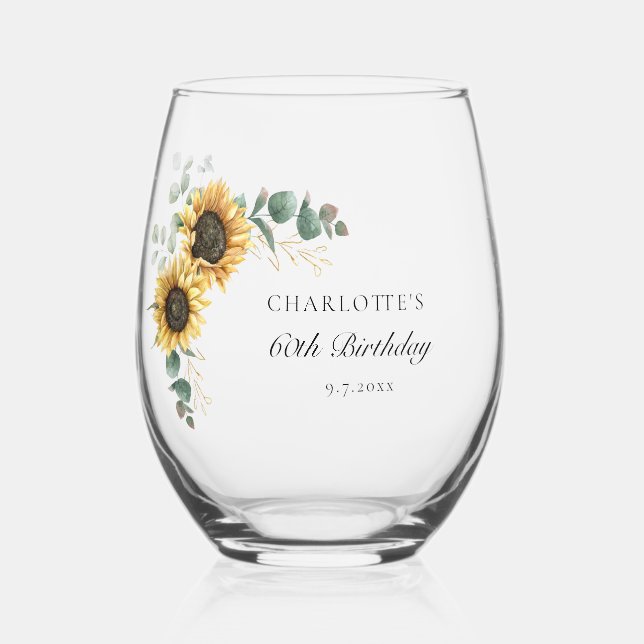 Floral Sunflower Eucalyptus Script 60th Birthday Stemless Wine Glass (Front)