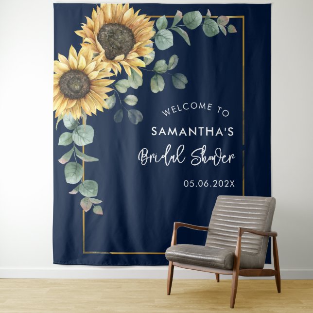 Floral Sunflower Eucalyptus Script Bridal Shower Tapestry (In Situ)