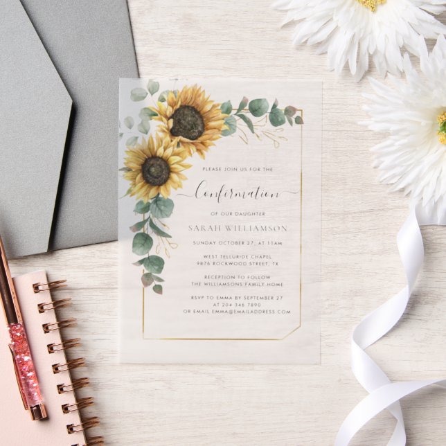 Floral Sunflower Eucalyptus Script Confirmation Vellum Invitations (Wedding)
