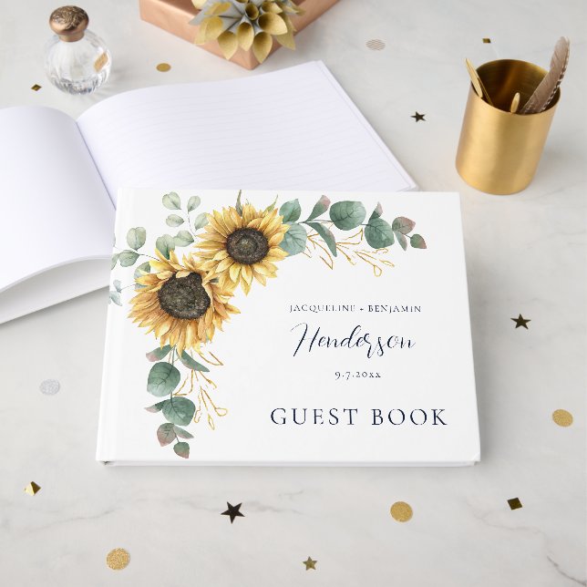 Floral Sunflower Eucalyptus Script Wedding Guest Book (Front Open)