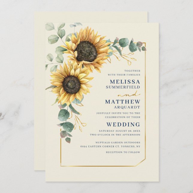 Floral Sunflower Eucalyptus Script Wedding Invitation (Front/Back)