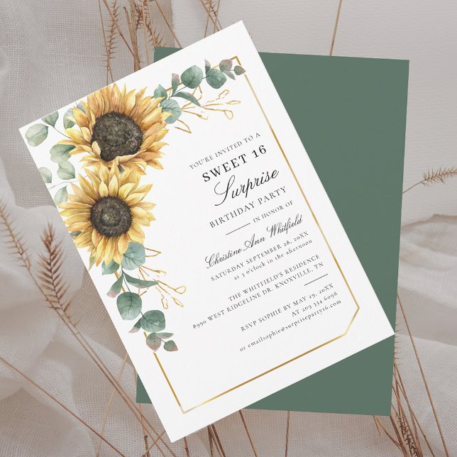 Floral Sunflower Eucalyptus Sweet 16 Birthday Invitation (Sunflower Floral Eucalyptus 16th Birthday Party Surprise Sweet Sixteenth Invitation)