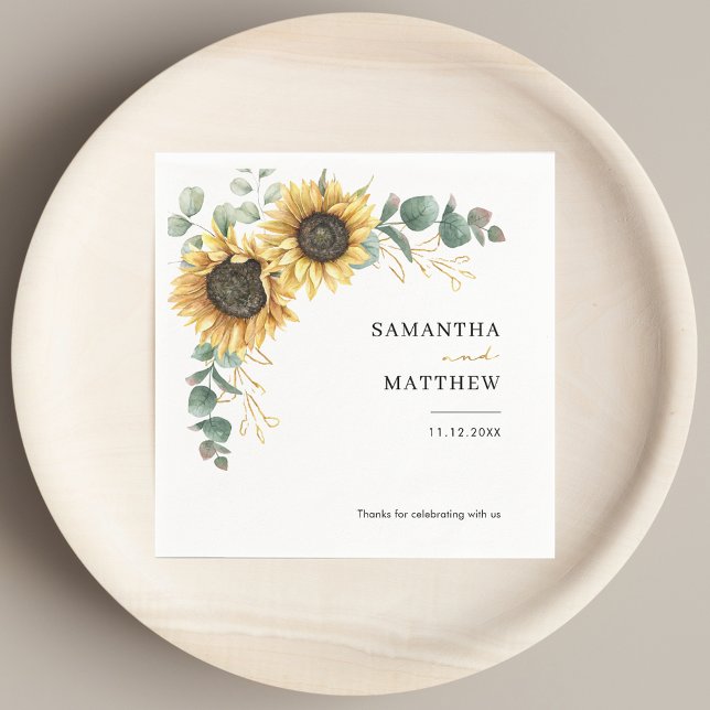 Floral Sunflower Eucalyptus Wedding Custom Paper Napkin (Floral Sunflower Eucalyptus Wedding Custom Paper Napkins)