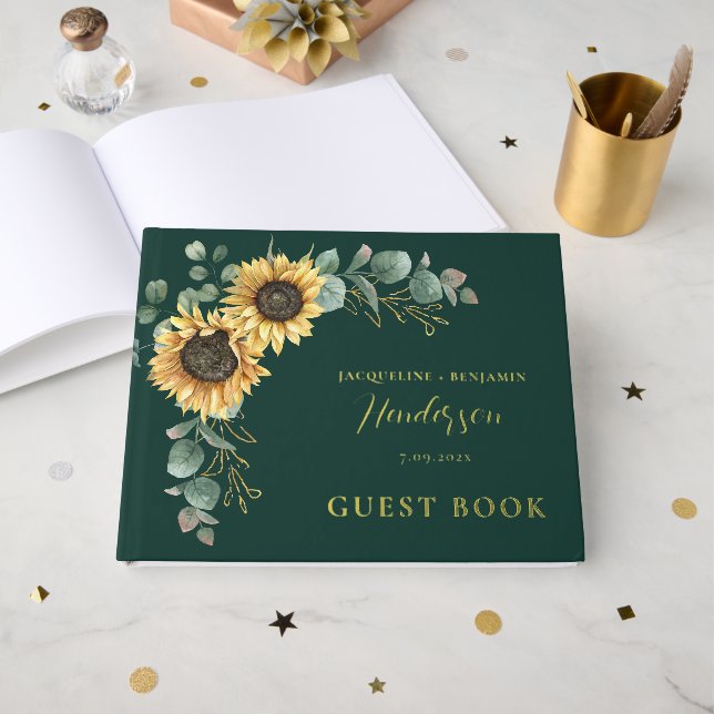 Floral Sunflower Eucalyptus Wedding Gold Foil Guest Book (Front Open)