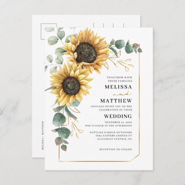 Floral Sunflower Eucalyptus Wedding Invitation Postcard (Front/Back)