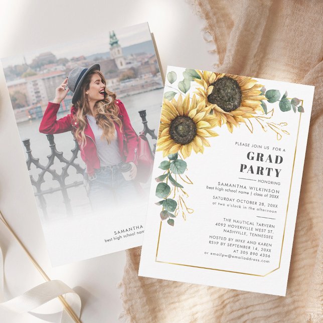 Floral Sunflower Graduation Party 2024 Invitation (Graduate Photo Graduation Party Invitation)