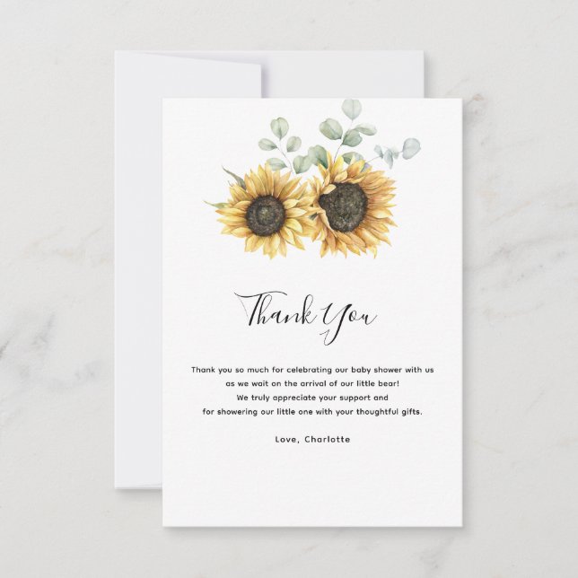 Floral Sunflower Greenery Baby Shower Thank You Card (Front)