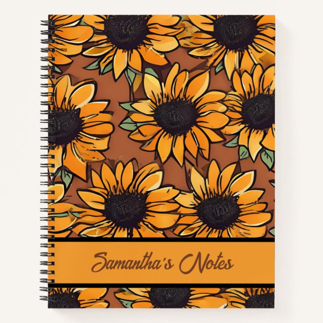 Floral Sunflower Pattern Personalised Notebook (Front)