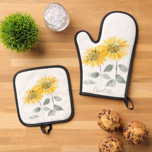 Floral Sunflower Personalised Script Oven Mitt & Pot Holder Set (Top Down)