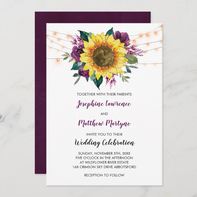 Floral Sunflower Plum Purple Rose Lights Wedding Invitation (Front/Back)