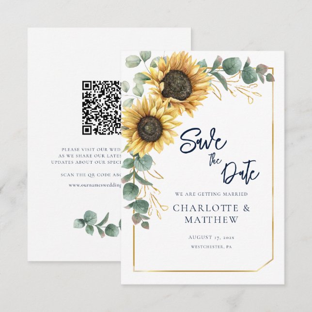 Floral Sunflower QR Code Wedding Save the Date (Front/Back)