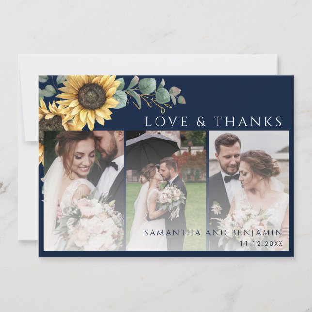 Floral Sunflower Wedding Photo Thank You Card (Front)