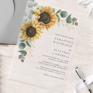 Floral Sunflowers and Eucalyptus Rustic Wedding Vellum Invitations
