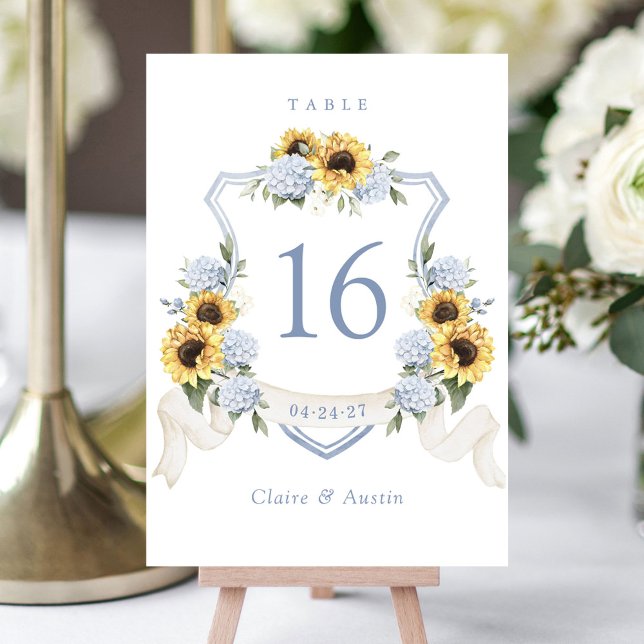 Floral Sunflowers Blue Hydrangea Crest Table Number (Creator Uploaded)
