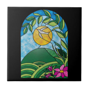 Floral Sunlight Vintage Stained Glass Style Ceramic Tile