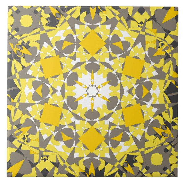 Floral Sunny Yellow Grey White Elegant Ceramic Tile (Front)