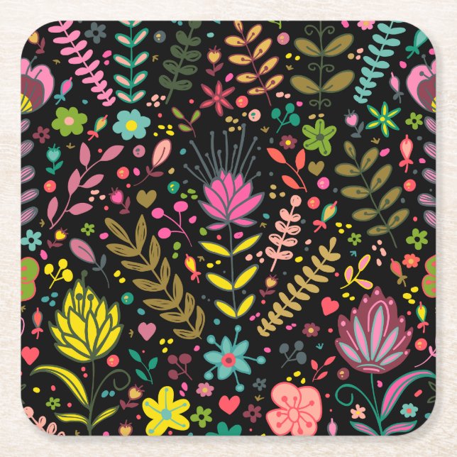 Floral Surface Pattern- Stylish Flowers Wallpaper  Square Paper Coaster (Front)