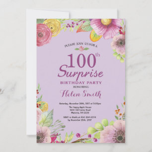 Floral Surprise 100th Birthday Invitation Purple