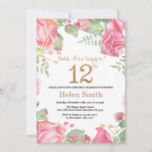 Floral Surprise 12th Birthday Gold Glitter Invitation