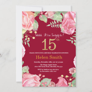 Floral Surprise 15th Birthday Gold Burgundy Red Invitation